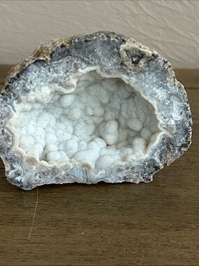 White Quartz Chalcedony Geode Display Piece.  Has Botryoidal Rounded Clusters.